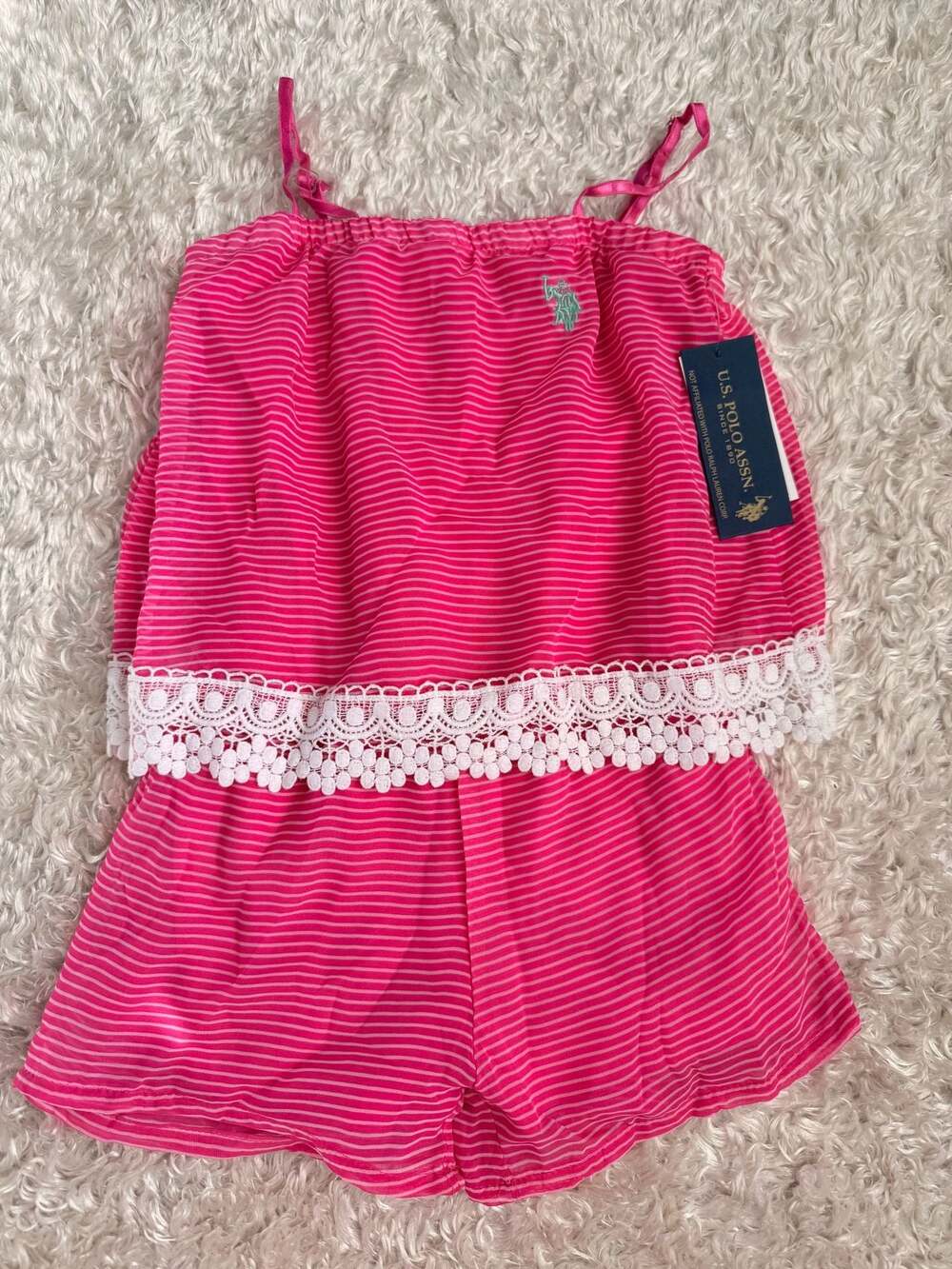 U.S. Polo Assn. Girls' Striped Romper with Lace Trim